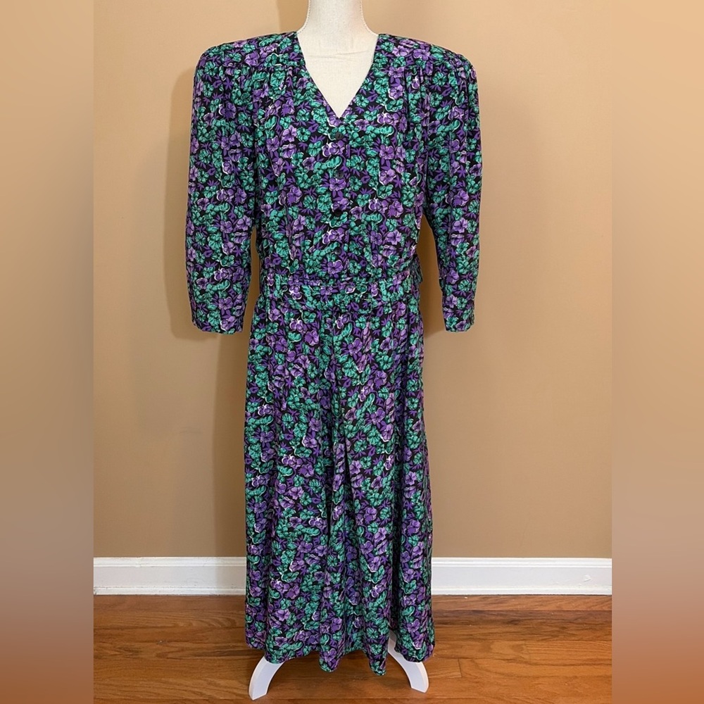 Vintage 80s 90s E.D. Michaels Plus Green Purple Floral Belted Dress Size 18
